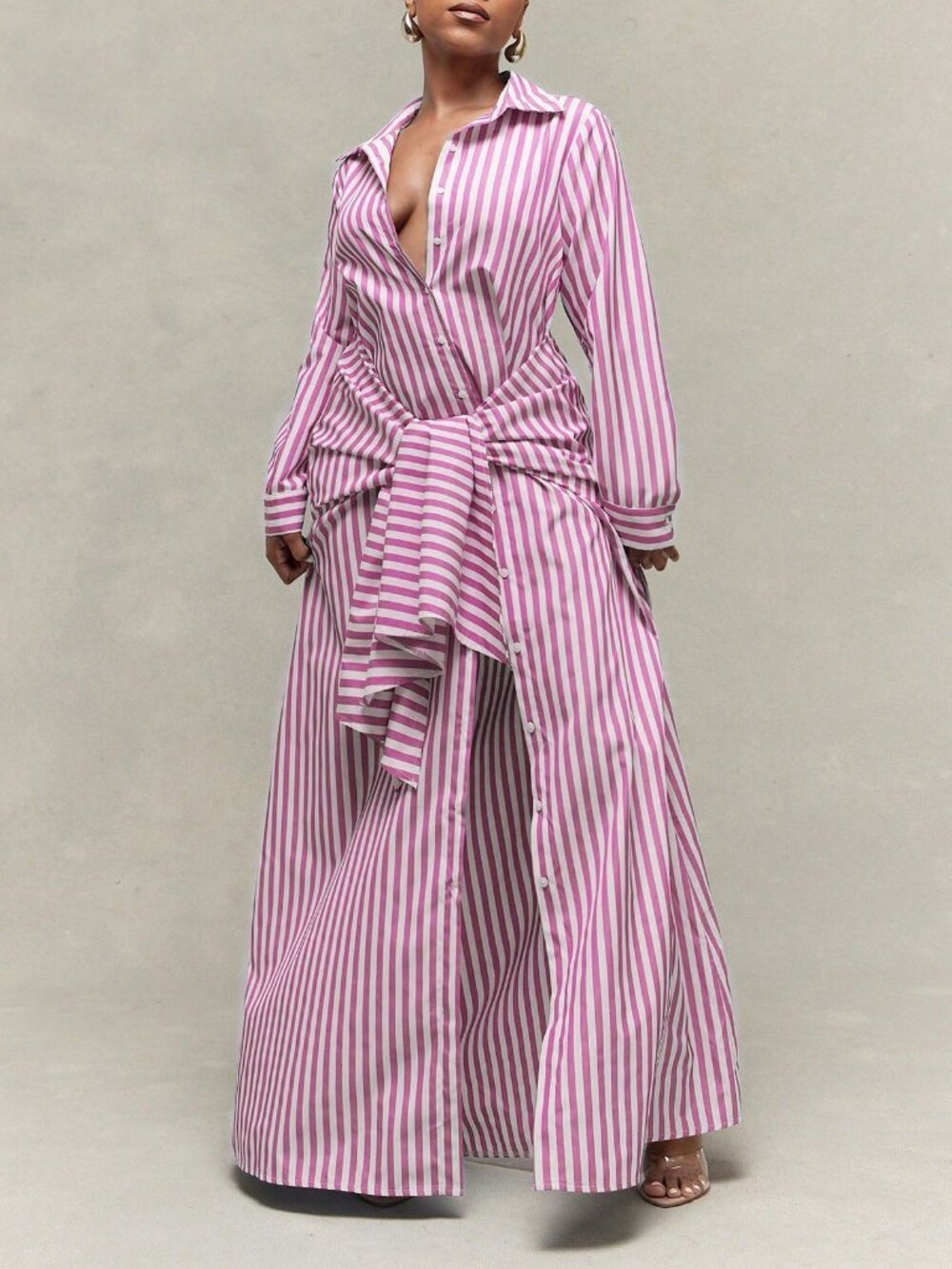 Pink Casual Women's Lightweight Woven Cinched Tie Waist Stripe Maxi Shirt Dress - Picture 3 of 5